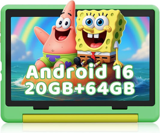 Gleeso Kids Tablet,Android 16 Tablet with HD Display,10.1 inch,Parental Control & Kids Mode, GMS Certified,20GB RAM 64GB ROM,1TB Expandable, 5000mAh Battery, Dual Camera, Protective Case,Green