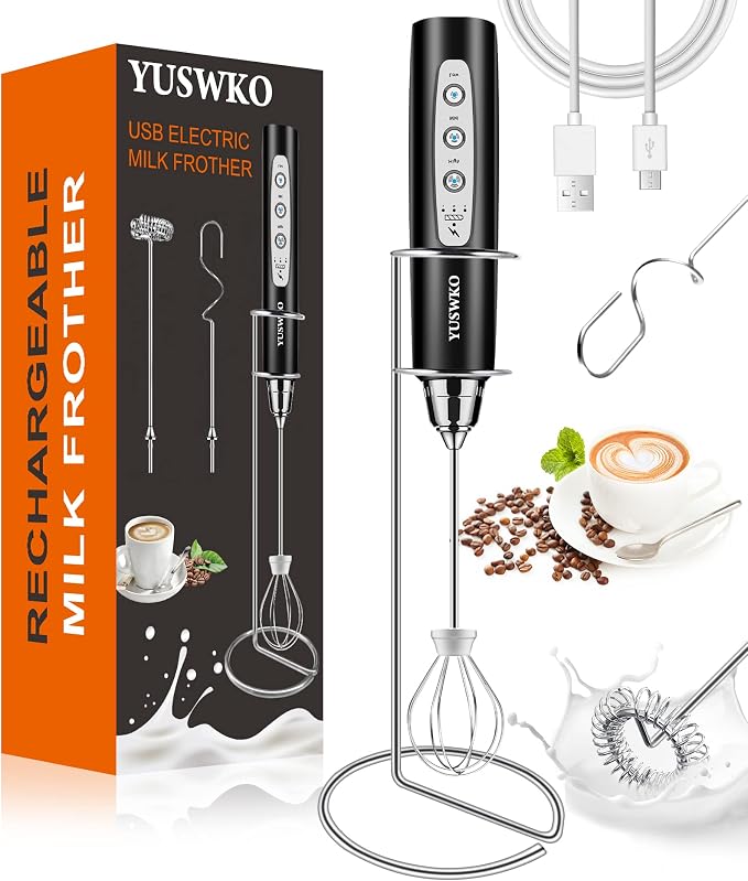 YUSWKO Rechargeable Milk Frother for Coffee with Stand, Handheld Drink Mixer with 3 Heads 3 Speeds Electric Stirrers for Latte, Cappuccino, Hot Chocolate, Egg