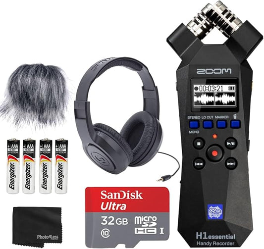 Zoom H1essential Handy Recorder Bundle with Over-Ear Stereo Headphones, 32GB microSDHC Card, Furry Microphone Windscreen, 4 AAA Batteries and Accessories