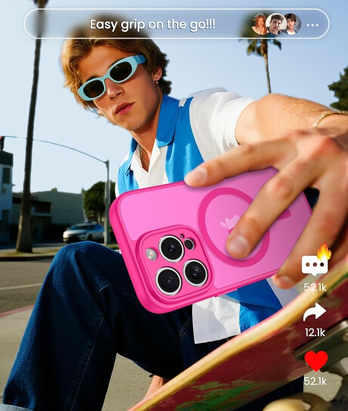 FNTCASE for iPhone 15 Pro Case: [Compatible with Magsafe] Translucent Matte Cases with [Full Camera Protection] [Screen Protector] Military Grade Shockproof Protective Phone Cover - Hot Pink