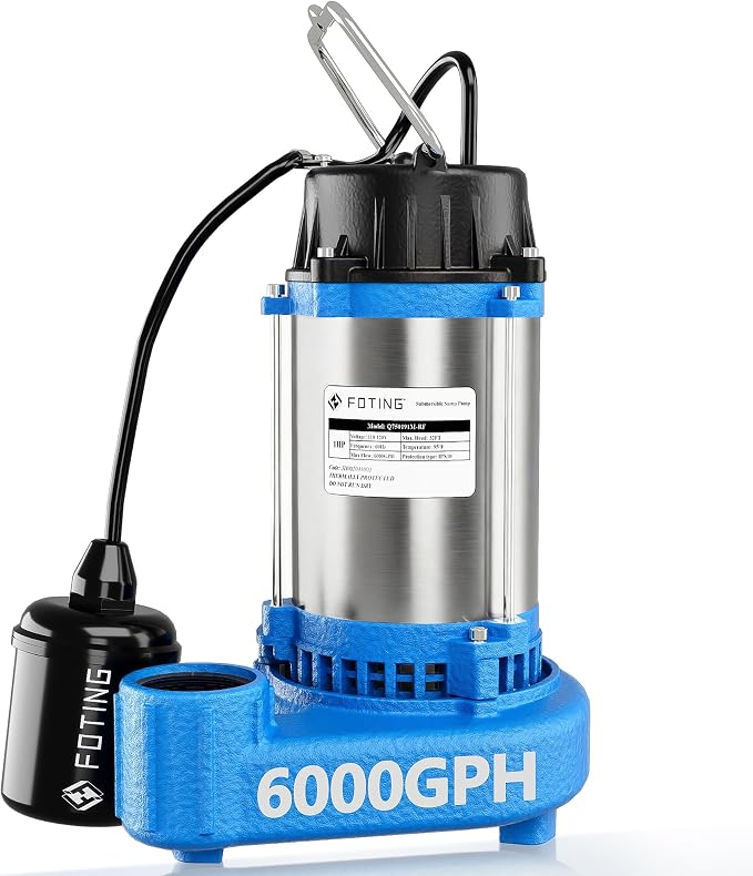FOTING 1HP 6000 GPH Sump Pump Submersible Sewage/Effluent Pump - Heavy Duty Cast Iron - 115V Septic Pump for Sump Basin/Residential/Sewage/Basement, Sewage Pumps 1-1/2'' NPT