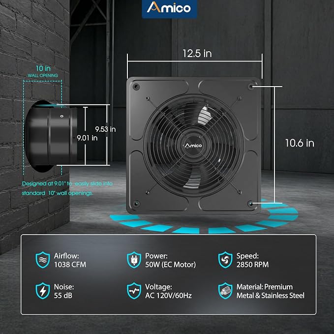 Amico 10" Kitchen Exhaust Fan with Remote, 1038 CFM High Airflow Extractor Fan, Energy Efficient 50W EC Motor Ventilation Fan for Garage, Attic & Greenhouse, 9-Speed, Timer, Low Noise 55dB, FCC, Black