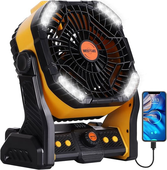 WESTTREE 20000mAh Camping Fan with LED Lantern USB Tpye C Rechargeable Battery Operated Outdoor Tent Fan with Light & Hook, 270° Pivot 4 Speeds, Personal USB Desk Fan for Camping Yellow X26A