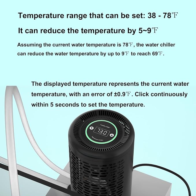 Carfree Fish Aquarium Chiller Semiconductor Technology Cooling Water Low Noise 35dB Long Service Life Small Size Energy-Saving for ≤12Gal Tank(Patent No.: US D1065431S)
