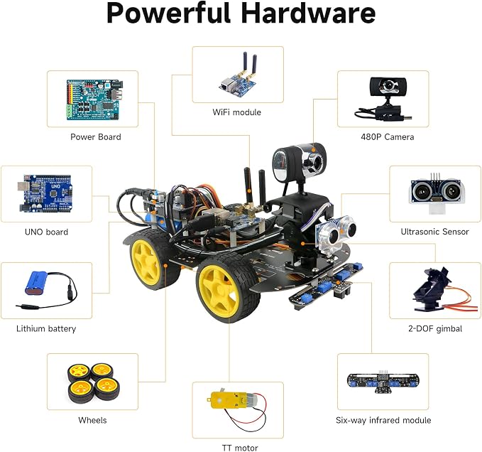 Smart Video Car Robot for Arduino, WiFi & Bluetooth RC Car with Camera, 6-Way IR & Ultrasonic Sensors, Programmable Arduino Robotics Kit for Adults STEM Education & AI Learning (UNO-6 Way IR Sensor)