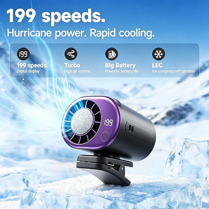 2026 Car Clip on Fan Air Conditioner Fan with Led Display - 360°Rotation, 199 Speeds Adjustable USB Rechargeable Portable Personal Cooling Fan For Car 16℃ Semi-Cooling Wide Clamp