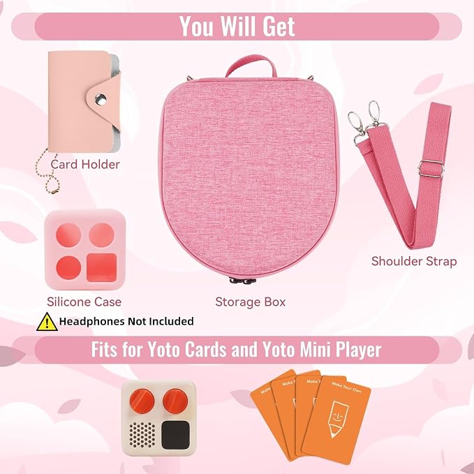 Hard Case Compatible with Yoto Mini (2024 Edition), 3-in-1 Travel Bundle: Silicone Cover + Case with Shoulder Strap (Fits Mini Player & Headphones) + Up to 10 Card Holder for YOTO Cards (Pink)