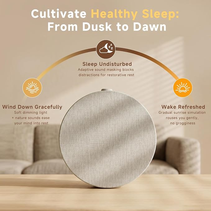Geuuap Sunrise Alarm Clock White Noise Machine | Natural Wake-Up Light for Bedroom with 30 Soothing Sleep Aids, Bluetooth Speaker, Dimmable Clock, Screen-Free Design for Baby Adults Kids-Khaki
