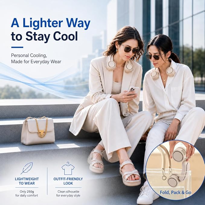 Portable Neck Fan with Cooling Plate, Wearable Personal Fan with Adjustable Airflow, Hands-Free, 3 Speeds, USB Rechargeable for Commuting, Office, Outdoor (Cooling Pro)