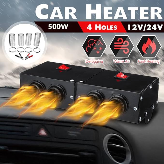 Car Defogger 12V 500W Car Heater 2 in 1 Portable Car Heaters and Cooling Fan with Purification for Winter (12V 500W, 4 Holes)