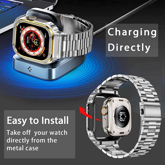 MioHHR Stainless Steel Band and Case Compatible with Apple Watch Band 49mm, Men Metal Protective Bumper Cover for iWatch Series Ultra 3/2/1, Silver/Gold