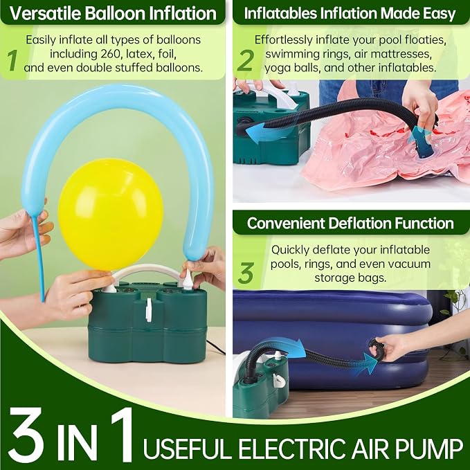 Bezente Balloon Pump Electric, 3-in-1 Portable Black Gold Electric Air Machine Balloon Pump Dual Nozzle Balloon Inflator for Inflatables and Latex 260q Foil Balloons