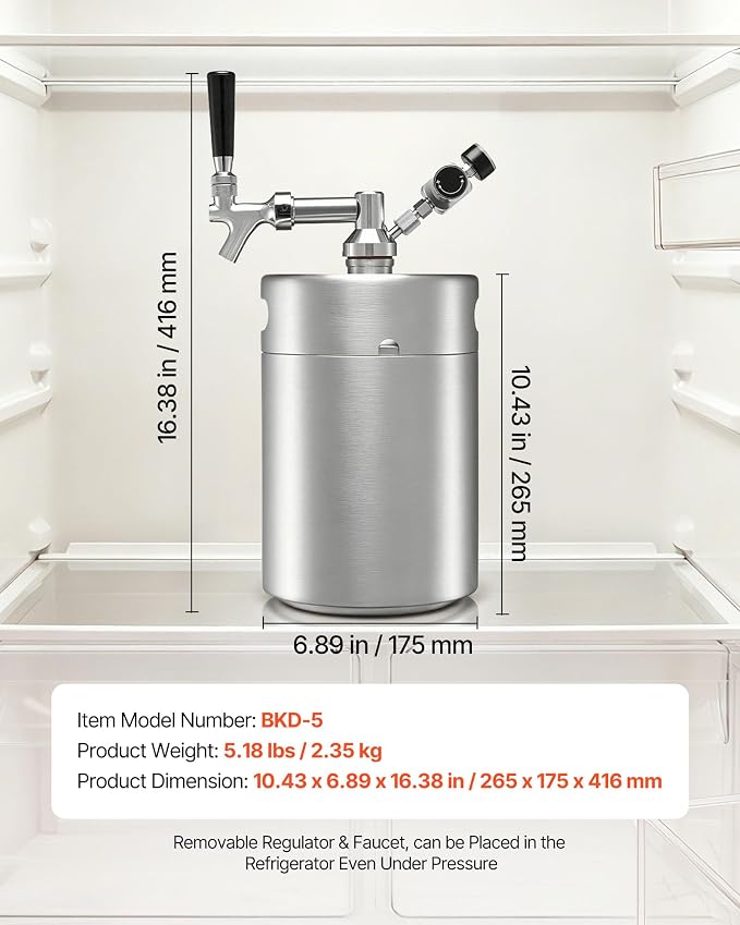VEVOR 170oz Mini Keg, Pressurized Growler Tap System, 304 Stainless Steel Beer Kit, with Co2 Regulator, Self-Closing Faucet, Keeps Fresh and Carbonation for Homebrew, Craft and Draft Beer