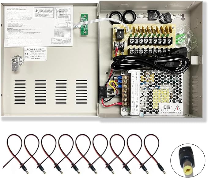 9 Port High Power Security CCTV Camera Access Control Power Distribution Box 12V DC 10 Amp PTC Protection, with 9 Pcs. DC Male Pigtail