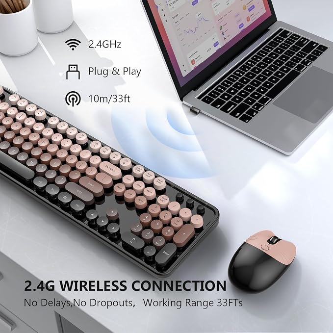 MOFII Wireless Keyboard and Mouse Combo, 2.4 GHz Full-Size Retro Round Keyboard with 8 Multimedia & Shortcut Keys, Plug and Play, Compatible with Mac, Windows, Laptop, Desktop, PC - Coffee Gradient