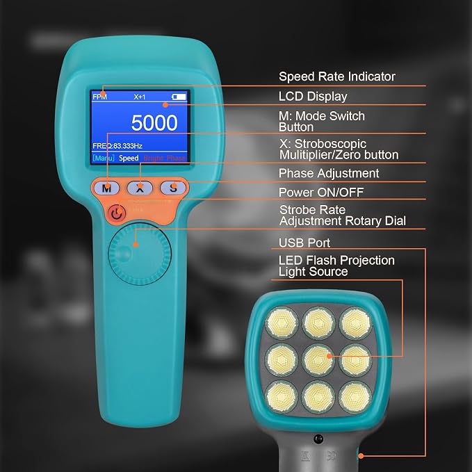 Handheld Stroboscope 60–99,999 RPM, Non-Contact Strobe Tachometer with Adjustable Color LCD Display and High Accuracy 0.001% Estroboscopio Engine Speed Analyzer