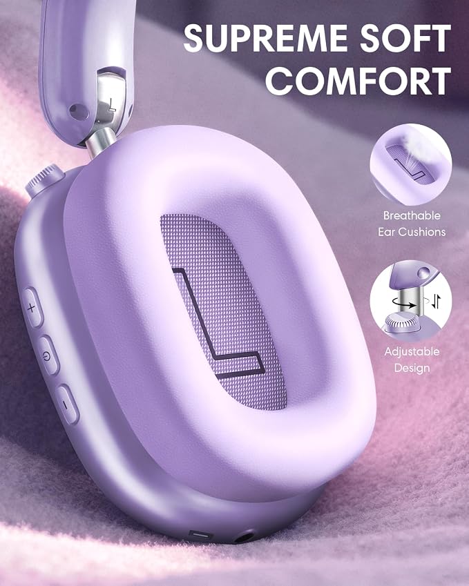 Wentronic Y02 Active Noise Cancelling Headphones, Wireless Over-Ear Bluetooth 5.4 Headphones with Microphone, 60H Playtime, Hi-Res Audio, Big Bass, Foldable Lightweight for Travel Home Office, Purple