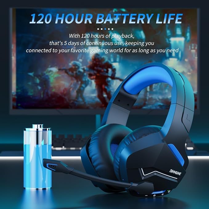 BINNUNE Wireless Gaming Headset for PS5 PC, 120H Ultra-Long Battery, 2.4GHz & Bluetooth 5.3 Wireless Gaming Headphones, PS5 Hadset Wireless with Mic, 50mm Drivers, Comfort Over Ear Headphones,Blue