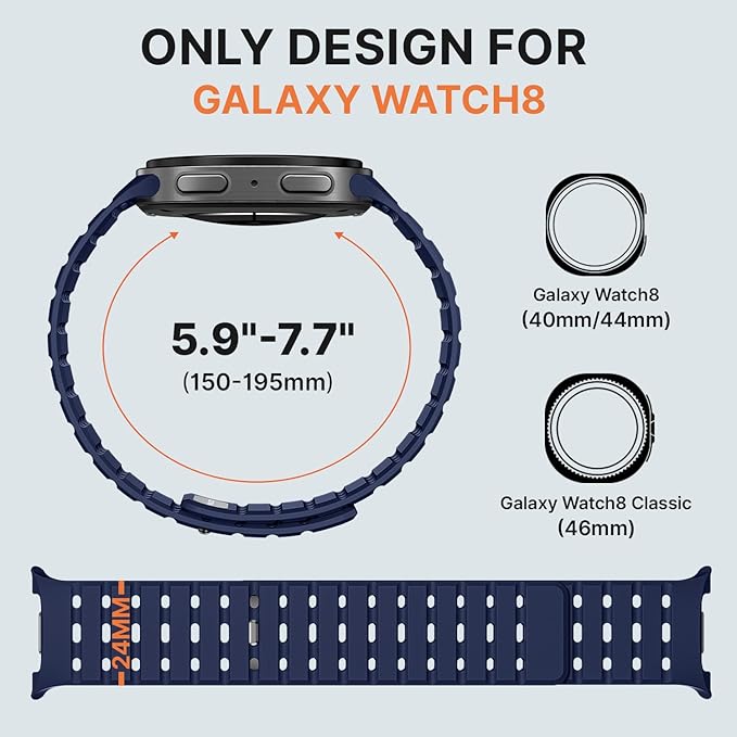 Bandletic Magnetic Silicone Watchband Compatible with Samsung Galaxy Watch 8 40mm 44mm / 8 Classic 46mm 2025, No Gap Soft Breathable Replacement Strap for Men Women, Navy Blue