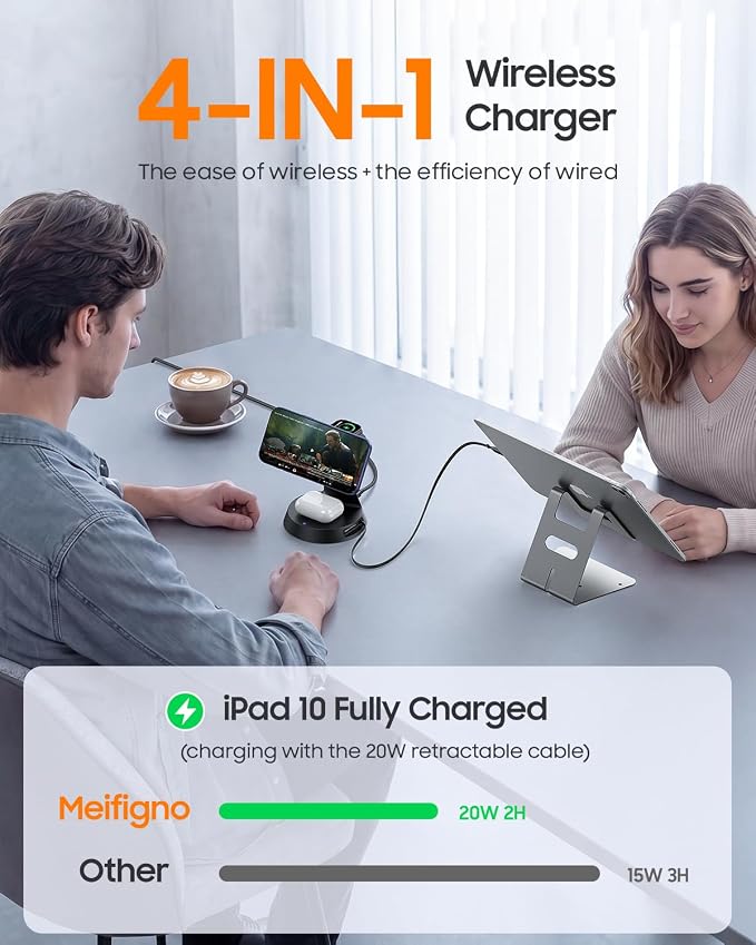 Meifigno 4 in 1 Magnetic Wireless Charger with 20W Fast Retractable Cable for Apple Devices, Charging Station Designed for MagSafe Charger Stand with 45W Adapter for iPhone 17 16/Apple Watch/Earbuds