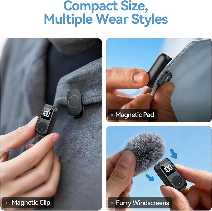 occiam Mini Lavalier Microphone for iPhone & Android Wireless Microphone Noise Reduction Magnetic Mini Lapel Mic with 54H Charging Case for YouTube Podcast Tiktok Vlogging Video Recording Black