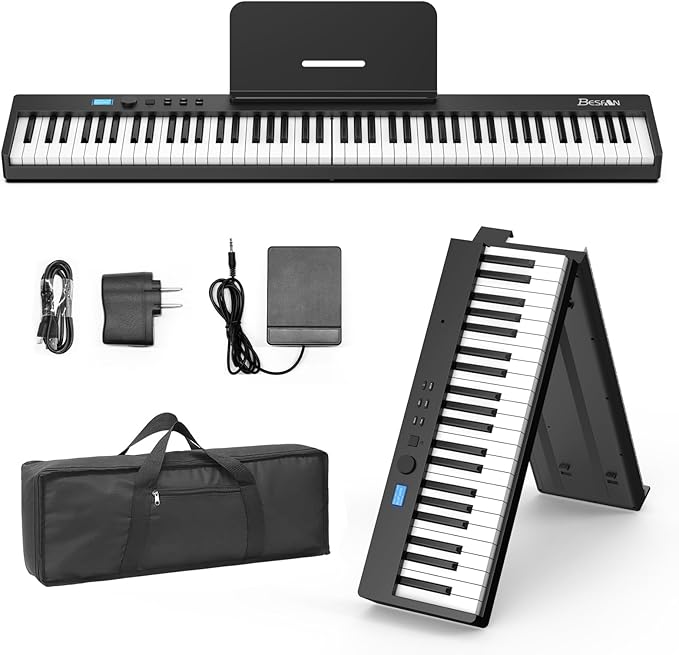 88 Key Folding Piano Keyboard, Portable Semi-Weighted Digital Piano with MIDI Support, Built-in Speakers, Rechargeable Battery, Travel Piano for Beginners