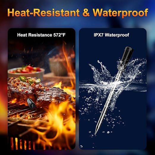 Wireless Meat Thermometer with 2 Ultra-Thin Probes, Bluetooth Digital Food Thermometer 600FT Remote Range, Standalone Smart Base for Grill Smoker Roast Oven, Cooking
