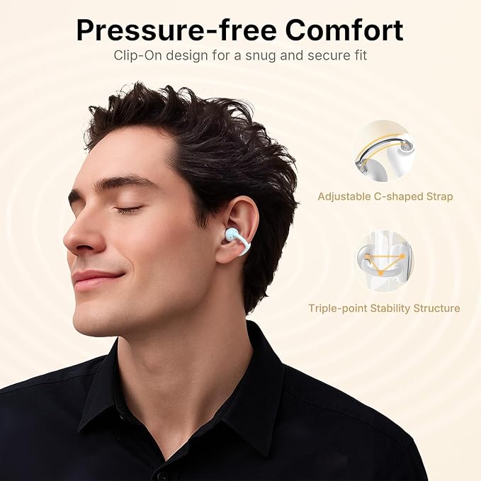 EarFun Clip Open Ear Earbuds, Wireless Clip On Headphones, Adaptive Comfort with Secure Fit, Bluetooth 6.0, LDAC, Hi-Res Audio, 2 Mics AI ENC Call, 40H Playtime, Earbuds for Sports, Running, White
