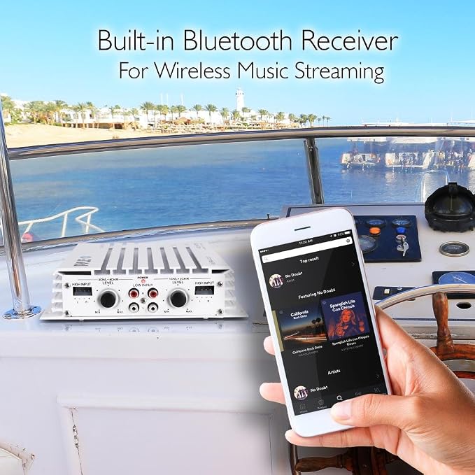 Pyle 2.1 Bluetooth Marine Amplifier Receiver - Waterproof 4 Channel Wireless Bridgeable Audio Amp for Stereo Speaker with 400W Power Dual MOSFET Supply, GAIN Level & LED Indicator, Black - PLMRA410BT
