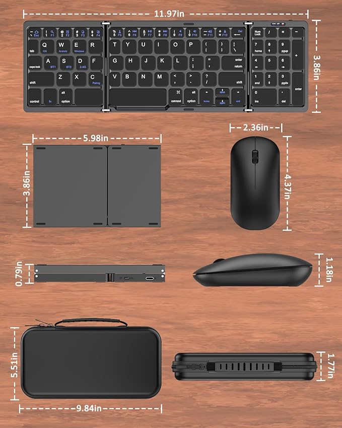 Foldable Keyboard and Mouse, Folding Wireless Keyboard Mouse Combo with Portable Case, Rechargeable 2.4G Wireless+Bluetooth Multi-Device Combo for Windows, iOS, Android, macOS PC/Laptop/Tablet
