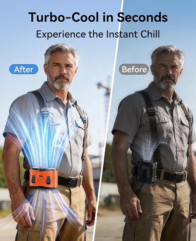 KIMMOO Dual-Motor Rechargeable Waist Fan with Ice Cooling, 25000 RPM High-Speed Neck Belt Clip-on Fan with 10 Gears, LED Display & Flashlight, Hands-Free Personal Fan for Work Outdoor Travel, Orange