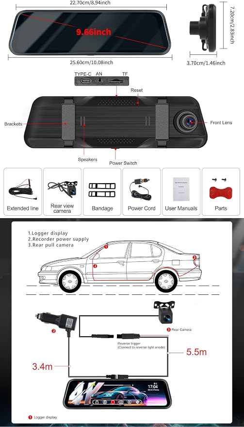 CAMECHO 4K Mirror Dash Cam Front and Rear, WiFi Rear View Mirror Camera, 9.66" Full Touch Screen, Dash Camera for Cars, Night Vision, G-Sensor, Loop Recording, Reverse Assist