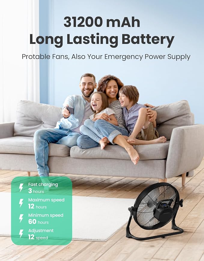 14" Portable Battery Operated Solar Fan, Rechargeable Floor Fan, Hi-Velocity Cordless Camping Fan, USB Phone Charge, 12-60H Runtime, Quiet, Wireless, For Travel Shed Outdoor Home Garage Tent Car Barn