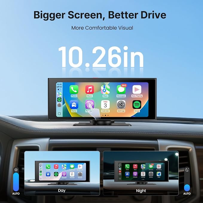 WonVon Wireless Car Play Screen, 10.26'' Monitor with Apple Carplay & Android Auto, 4K Dash Cam 64G, 1080P Backup Camera, Portable Smart Touch Tablet Stereo Multimedia Dashboard, Bluetooth/FM/GPS/AUX