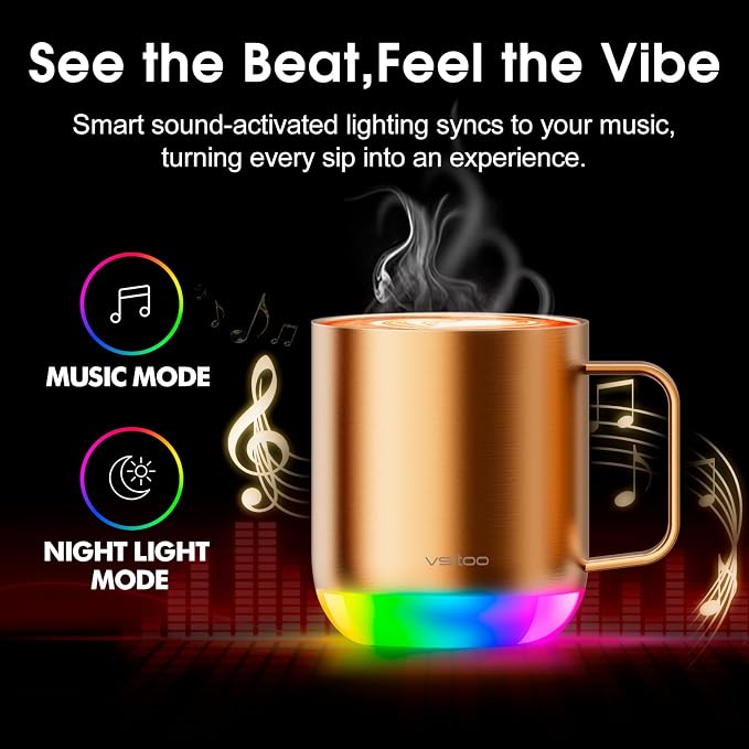 Vsitoo S6 Plus 12oz Smart Self Heating Coffee Mug, AI Auto-Sensing Heated Espresso Mug Temp Control 120-150℉, Rechargeable Mug Warmer with Music LED, IPX7 Gift for Women Men- Gold
