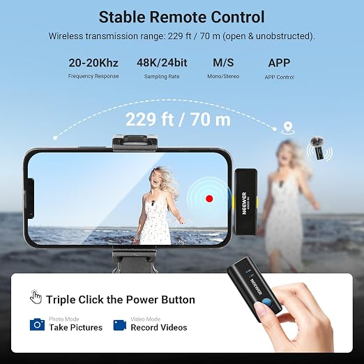 NEEWER KM23C AI Wireless Lavalier Microphone Compatible with iPhone Android Tablet PC Laptop, Omnidirectional 48K/24Bit 20-20KHZ AI Noise Cancellation Mute 70m Range 32h Total Battery (1x RX + 4X TX)