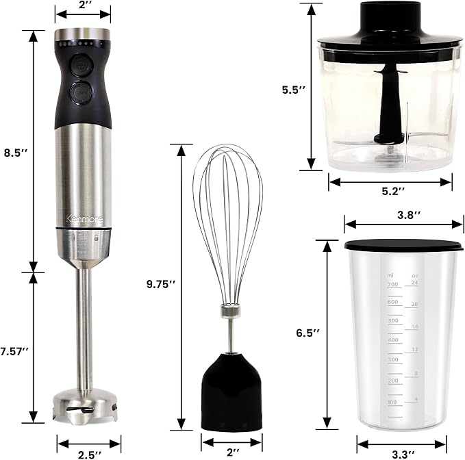 Kenmore Immersion Blender - Handheld Stick Mixer, Electric Hand Blender with Stainless Steel Shaft, Whisk, Variable Speed for Smoothies, Milkshakes, Baby Food, Puree, Batidora de Inmersión