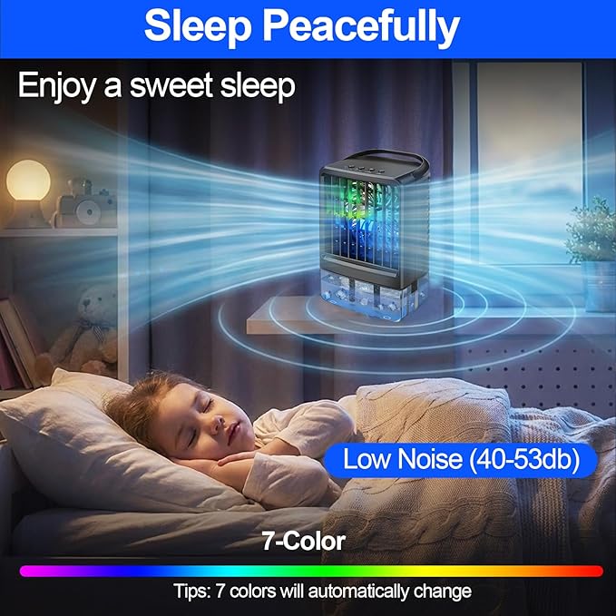 Portable Air Conditioners Fan - Portable AC Small Personal Air Cooler, Quiet Mini Mobile Cooling Fan with Handle,2/4H Timer 3 Speeds,Desk Air Conditioner with 7 Color for Home Bedroom Office Outdoor