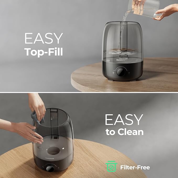 Homvana Humidifiers for Bedroom Diffusers - Top Fill 3.5L Cool Mist Humidifier Large Room, 40H Runtime Diffusers for Home, Air Humidifier for Plants, Baby Nursery, Essential Oil Diffusers (Black)