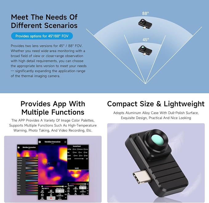 Waveshare Smartphone Infrared Thermal Imaging Camera, Type-C Port, Plug-and-Play, 160×120 Pixels, 45° Field of View, with Aluminum Alloy Case