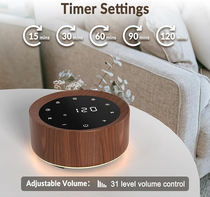 White Noise Machine with Alarm Clock & Night Light for Babies and Adults, 20 Soothing Sounds, Glare-Free Upward Display, Touch Control, Memory Function, 5 Sleep Timers, Wood Grain
