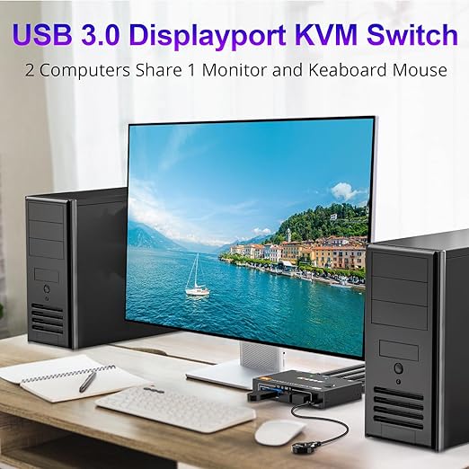 KCEVE KVM Switch 2 Computer 1 Monitor Displayport 4K@240Hz 8K@60Hz, USB 3.0 KVM Switch Displayport 2.1 for 2 PC Share 4 USB Devices Keyboard Mouse,Wired Remote(8K DP 2 in 1 Out KVM)
