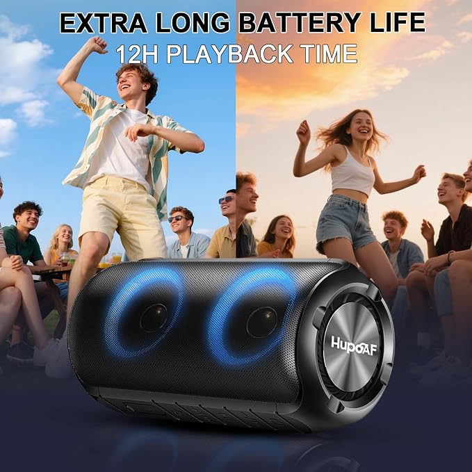 Hupoaf Bluetooth Speaker with 6D Loud Sound, 2025 New Portable Wireless Speaker, IPX7 Waterproof, RGB Lights, BT5.3, 12H Playtime, for Home/Party/Outdoor/Beach, Stocking Stuffers, White Elephant Gifts