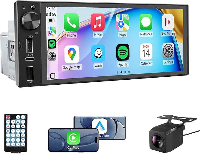 Single Din Car Stereo, 6 Inch Touchscreen Radio with CarPlay & Android Auto | Bluetooth, Mirror Link, Backup Camera, USB&Type-C, FM, SWC, EQ, Full Lamination Screen, Volume Knob