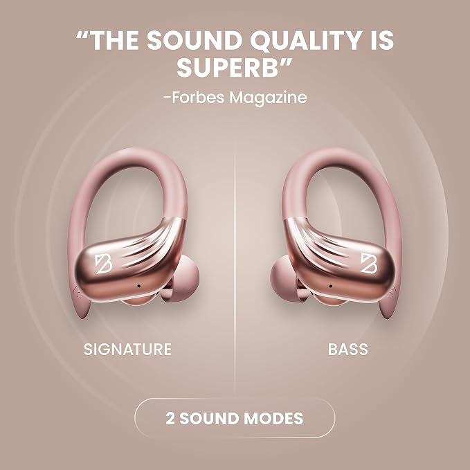 Back Bay Audio Runner 60 - Rose Gold Wireless Running Earbuds, 80 Hour Long Battery Life Over the Ear Earbuds with EarHooks, Wrap Around Ear Buds Wireless Bluetooth Earbuds with Microphone