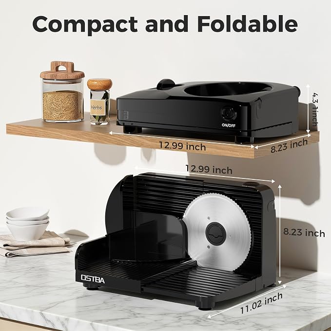 OSTBA Foldable Electric Food Slicer, Adjustable Thickness 0–15mm, 6.7” Stainless Steel Blade, 150W Motor, Portable & Easy-to-Clean, Meat, Cheese, Bread, and Vegetable Slicer for Home Kitchen, Black