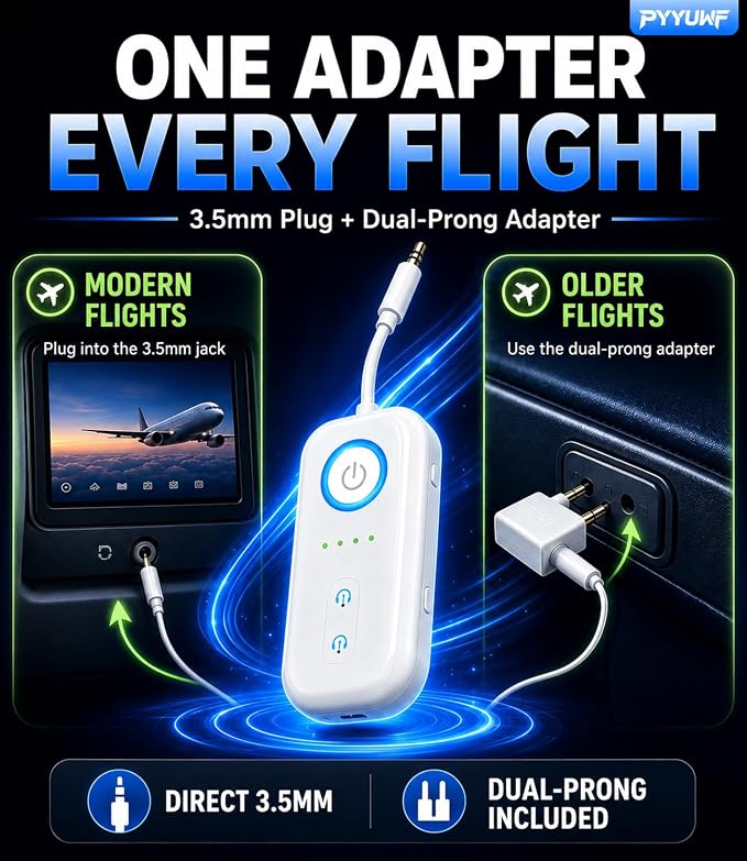Bluetooth 5.4 Transmitter Receiver, Wireless Audio Adapter, Airplane Gadgets & Travel Essentials – for 2 Headphones, 20H Battery, aptX Low Latency, 3.5mm AUX Jack, for Car, TV, Home-Pearl