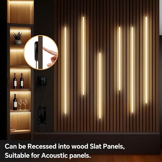 10PCs LED Recessed Lighting Kit,12V 3.3Ft Self-Adhesive Black COB LED Strip Lights with 100W Adapter,4000k Touch Dimmable Cabinet Light for Wood Slat Wall Panels, Headboards, Shelf, Home Decor