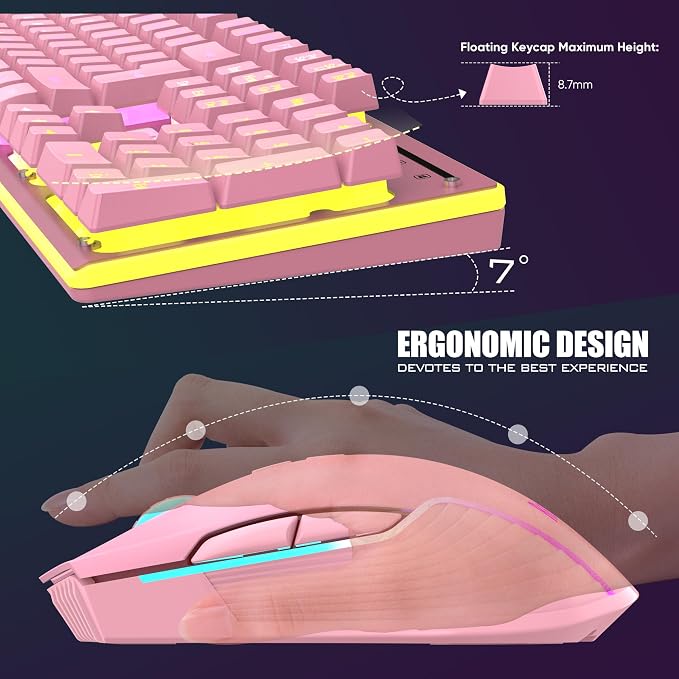 RedThunder K10 Wireless Gaming Keyboard and Mouse Combo, LED Backlit Rechargeable 3800mAh Battery, Mechanical Feel Anti-ghosting Keyboard + 7D 3200DPI Mice for PC Gamer (Pink)