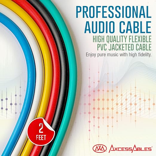 AxcessAbles 2ft Multi-Color 1/4" Balanced TRS Audio Cables (6 Pack) - TRS Speaker Patch Cables for Balanced Audio Connections